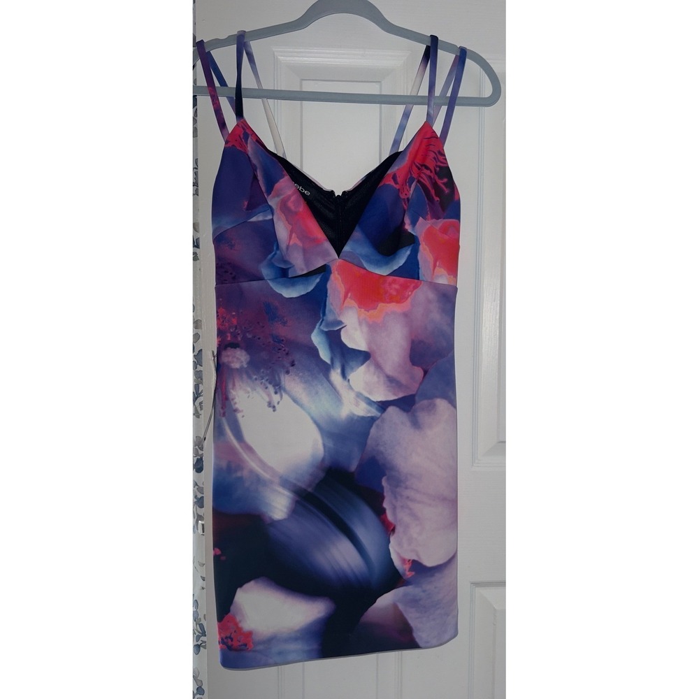 Bebe Womens Y2K Floral Print Bodycon Mini Dress Purple Blue Pink Size Medium NWT
